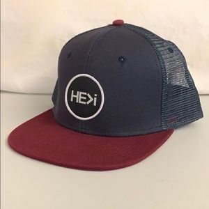 HE>i Trucker Style Hat, Snapback, Navy/Maroon
